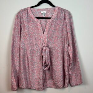 Mimi Maternity 100% Silk Pink Floral Y-Neck Long Sleeve‎ Tie Front Blouse Sz MED